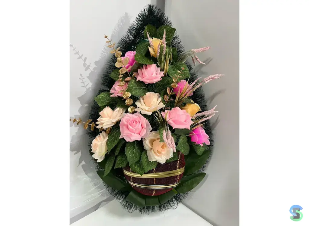 Венок ритуальный "Кашпо"(розовый/персиковый) 75 см.